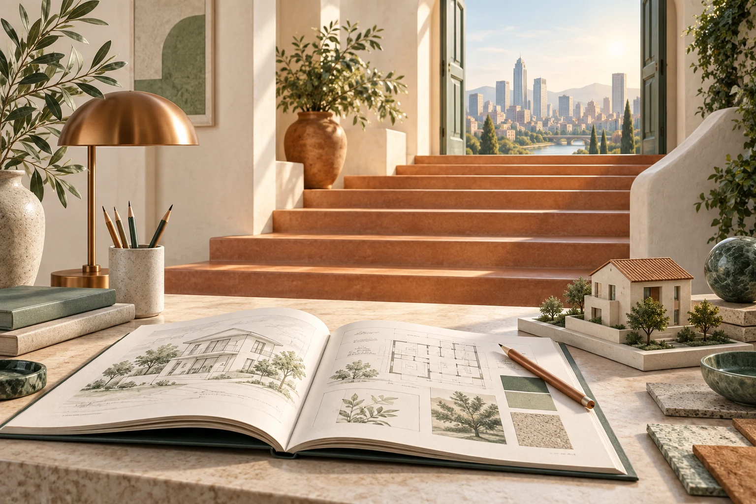 An architectural workbook and model beside steps towards an open doorway