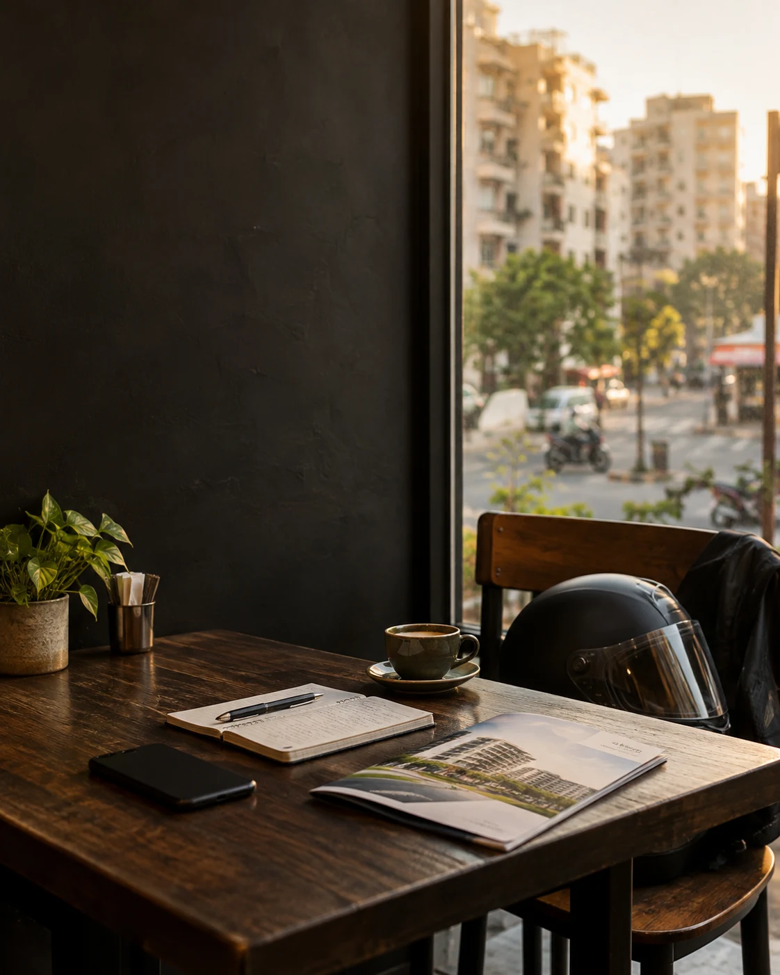 A notebook, phone and property brochure on a café table