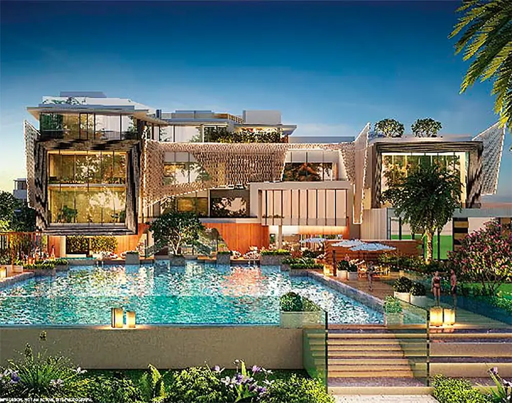 Artist impression of the clubhouse and pool at Godrej Majesty