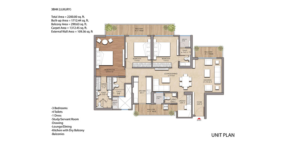 Prateek Grand Begonia · 3 BHK + study — Luxury